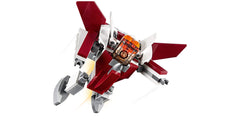 LEGO Futuristic Flyer color-scheme highlights dark red and white for standout display.