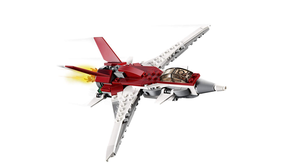 LEGO Futuristic Robot pose demonstrates transforming play with wings and backpack.