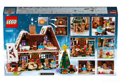 LEGO Gingerbread House candy-cane columns and glittery windows add holiday sparkle.
