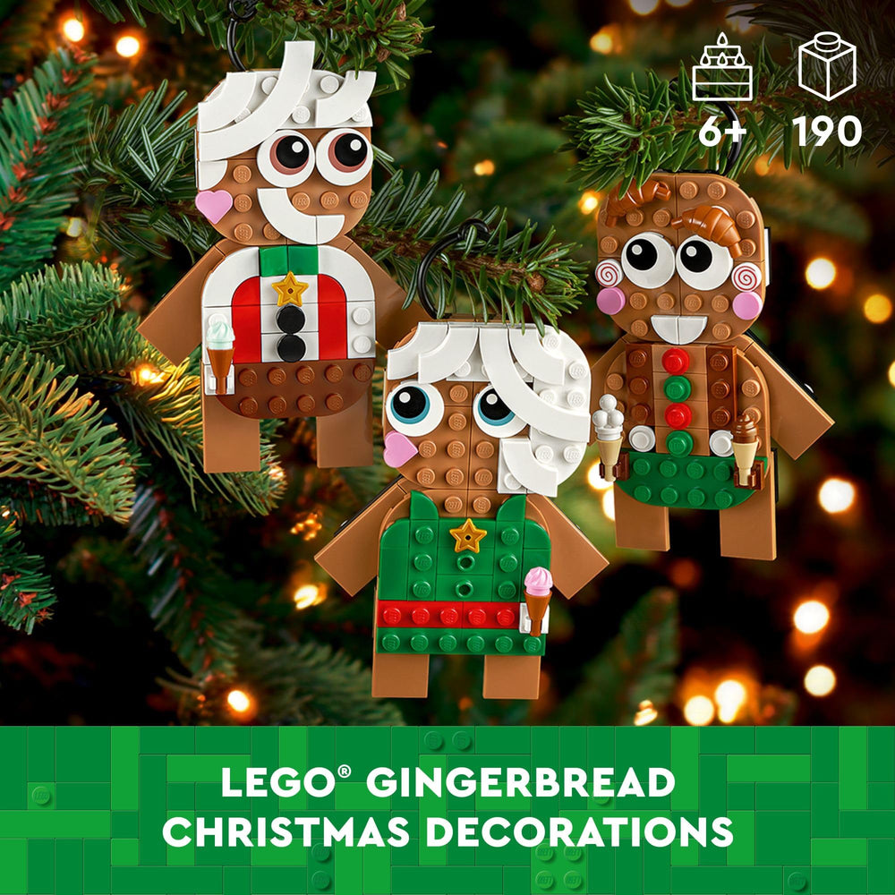 LEGO Gingerbread Ornaments figure detail eyes and mouths adds playful holiday storytelling.