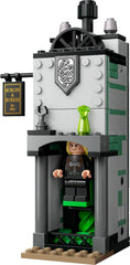 LEGO Harry Potter Borgin and Burkes flea-network fireplace enables hidden minifigure reveals during play.