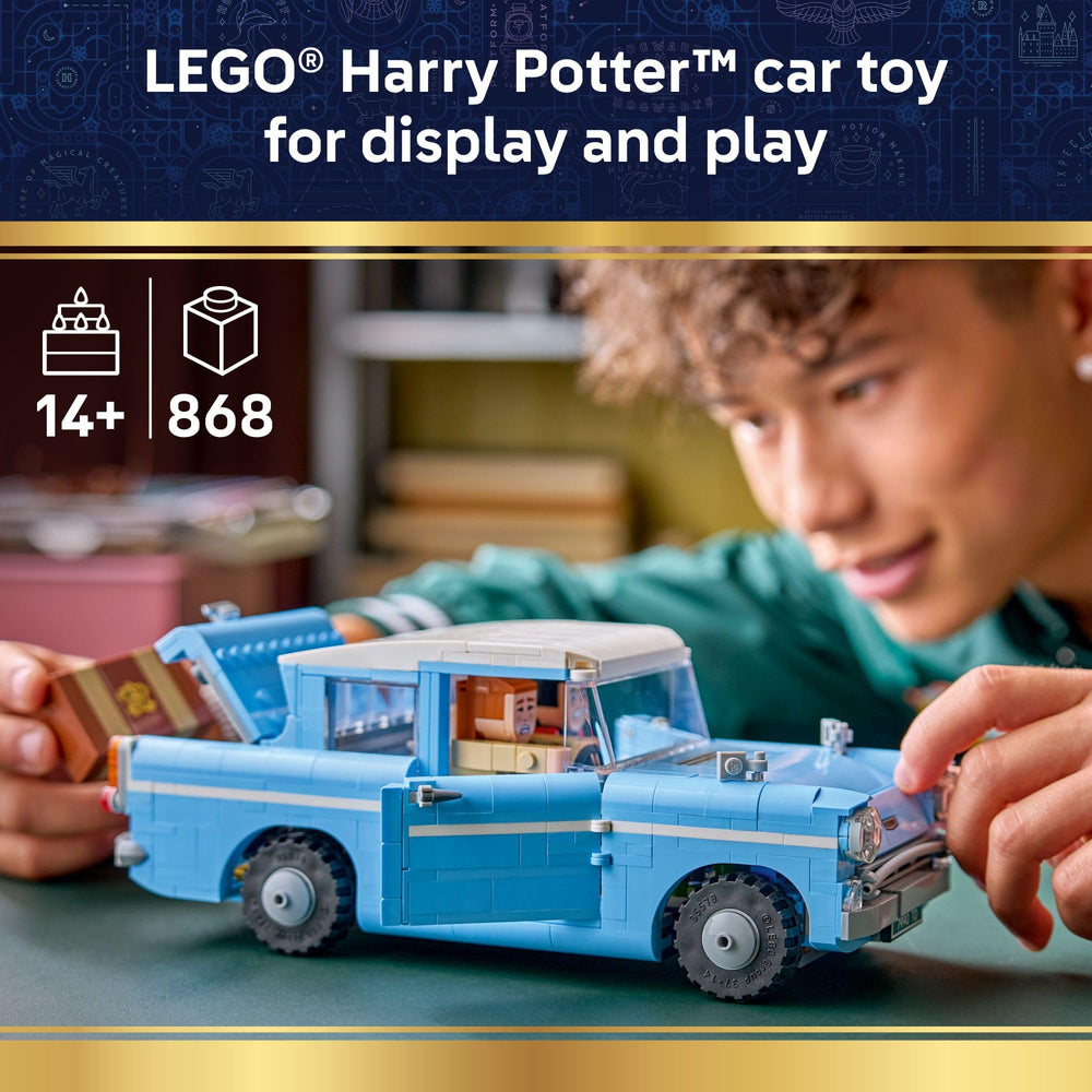 LEGO Harry Potter flying car play image showcases interactive features for storytelling and exploration.