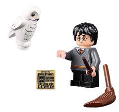 LEGO Harry Potter minifigure with owl, broom, and wand for imaginative play and display.