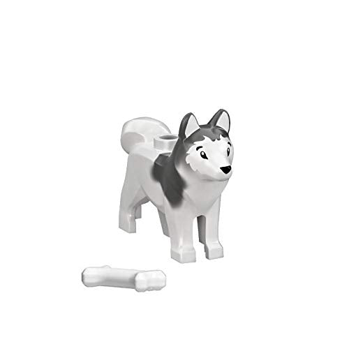 Lego Husky minifigure with bone accessory for arctic adventures and storytelling.