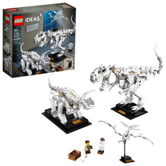 LEGO Ideas 21320 T-Rex skeleton on display stand for museum-like decor.