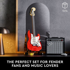 LEGO Ideas Fender Stratocaster amplifier inside view shows motherboard and details.