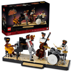 LEGO Ideas Jazz Quartet 21334 stage display with four musicians, ideal as stylish home decor.