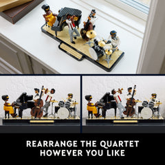 LEGO Ideas Jazz Quartet 21334 trumpeter figure with drum kit creates dynamic focal point.