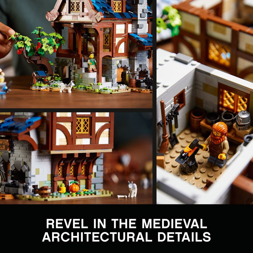 LEGO Ideas Medieval Blacksmith 21325 glowing forge with light brick, warm ambience for shelves.