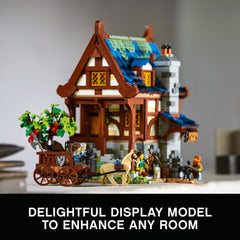 LEGO Ideas Medieval Blacksmith 21325 roof-off top levels, easy viewing of furnished rooms.
