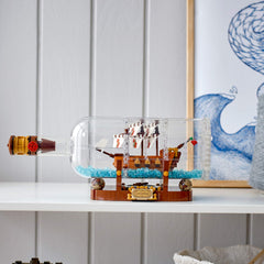 LEGO Ideas Ship in a Bottle display stand with Leviathan nameplate and globe accents