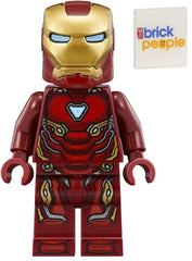 LEGO Iron Man minifig front view shows authentic suit details for display.