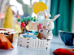 LEGO Jade Rabbit waterfall scene with lunar backdrop and festive ambiance