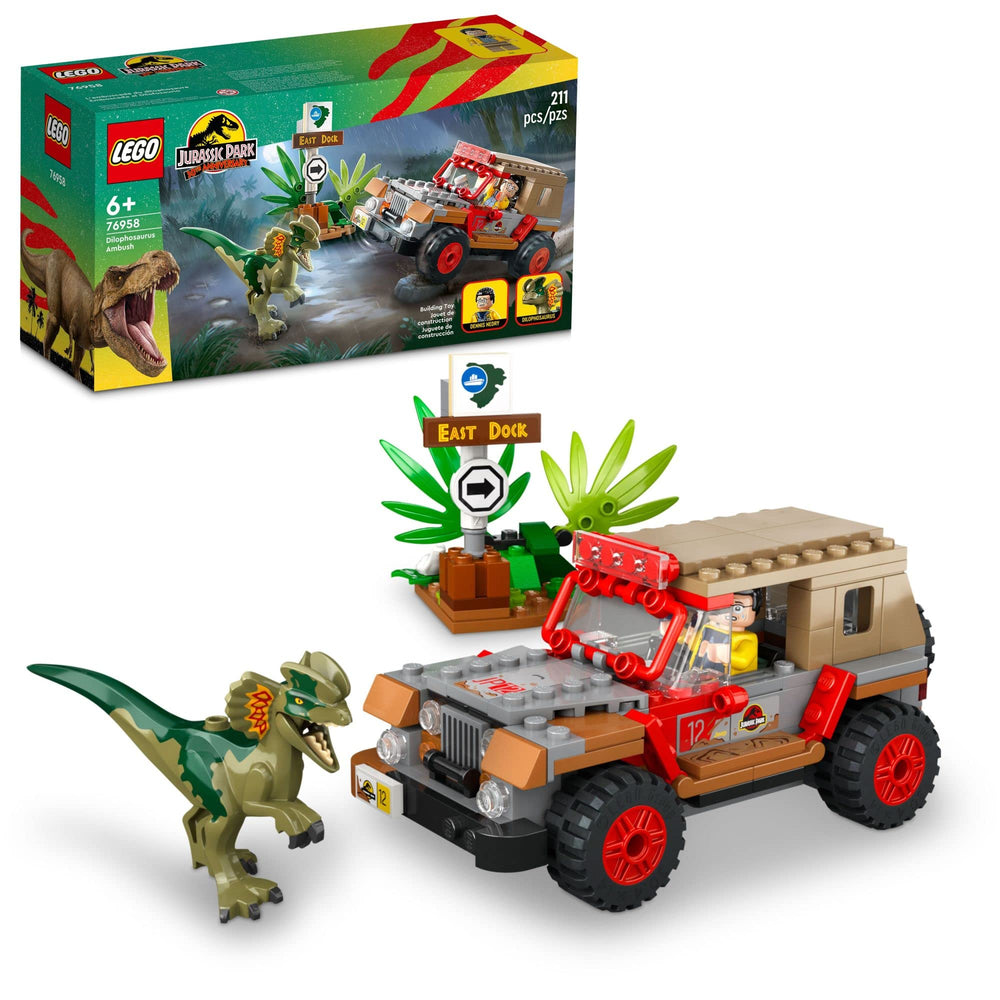 LEGO Jurassic Park Dilophosaurus Ambush figure for imaginative play.
