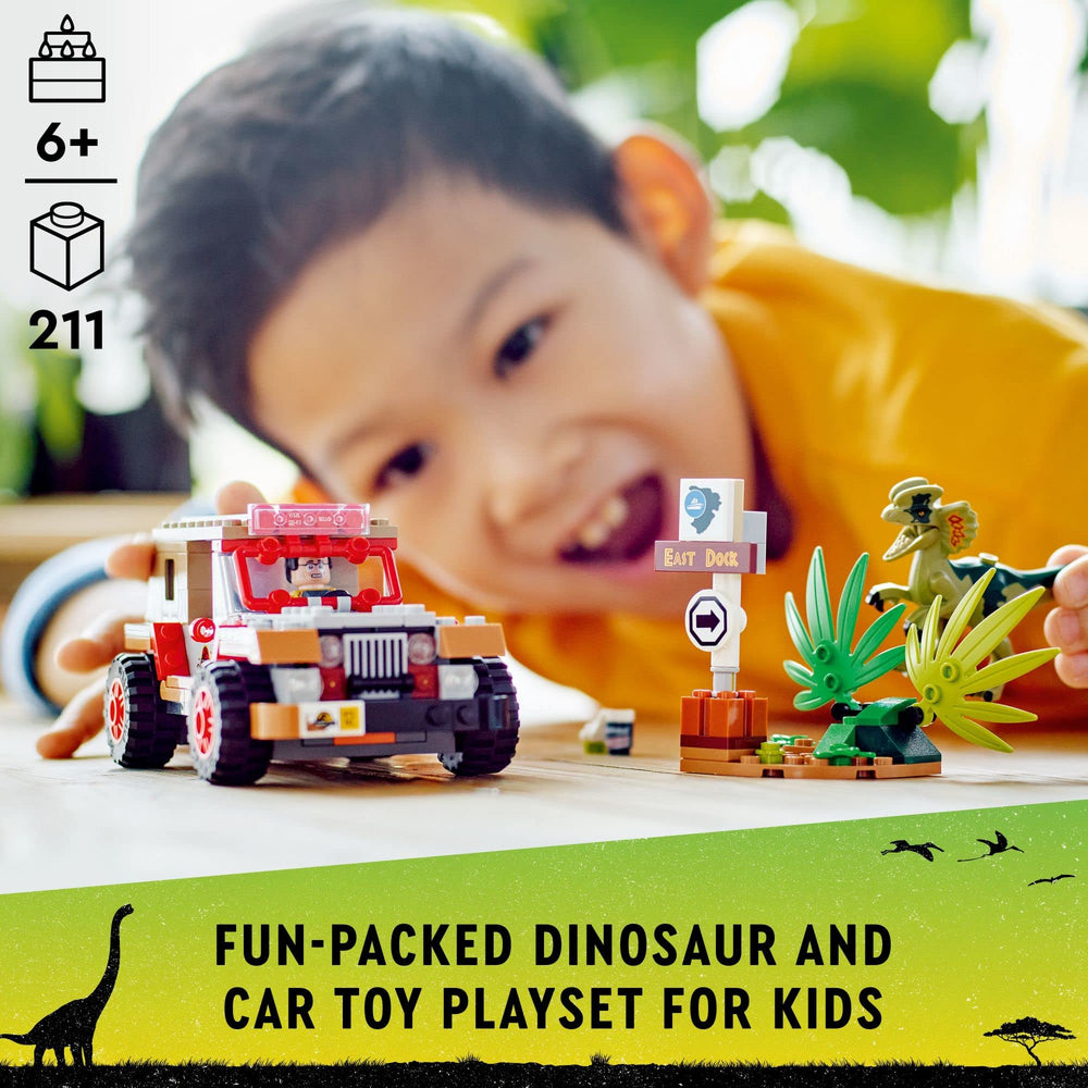 LEGO Jurassic Park East Dock sign and jungle setup for dynamic play.
