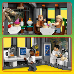 LEGO Jurassic Park Visitor Center lab area with computer and microscope.
