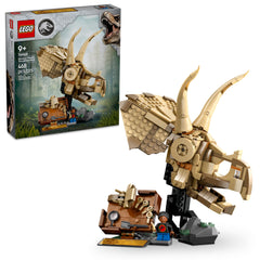 LEGO Jurassic World Triceratops skull on a stand for display and play