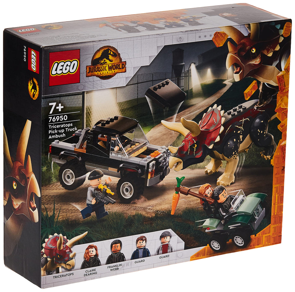 LEGO Jurassic World 76950 Triceratops Truck Attack: triceratops figure sparks action-packed adventures.