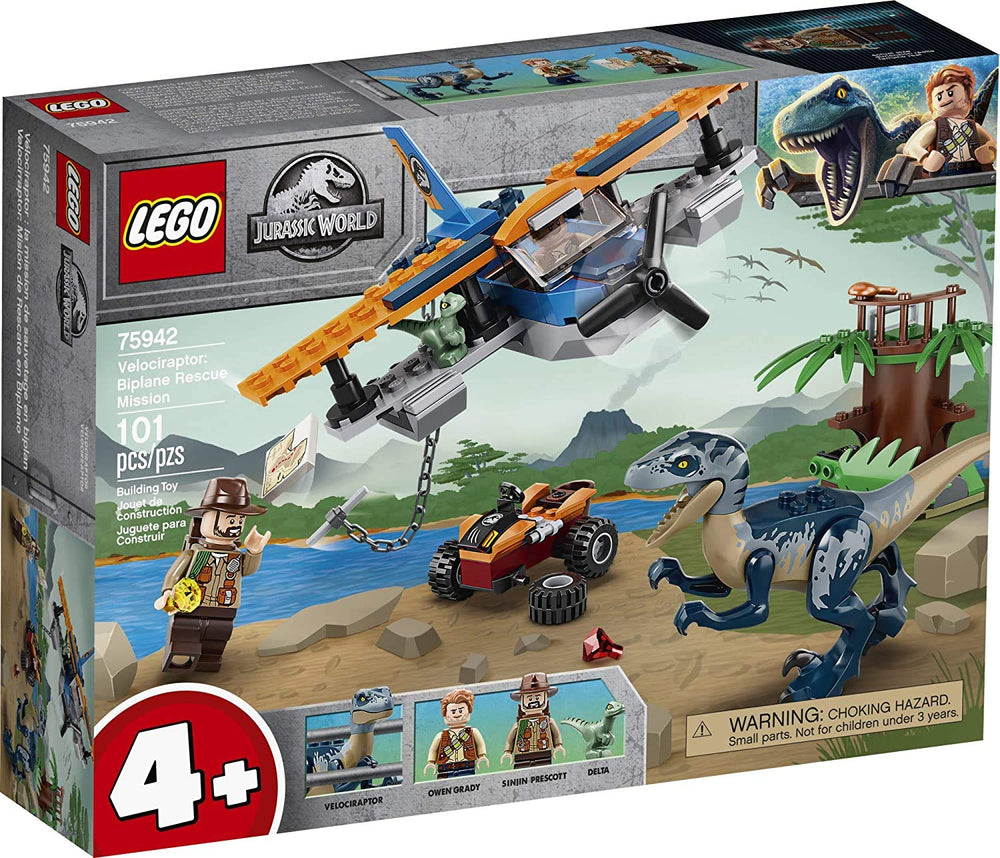 LEGO Jurassic World Velociraptor biplane rescue in action, ideal for imaginative pretend play.