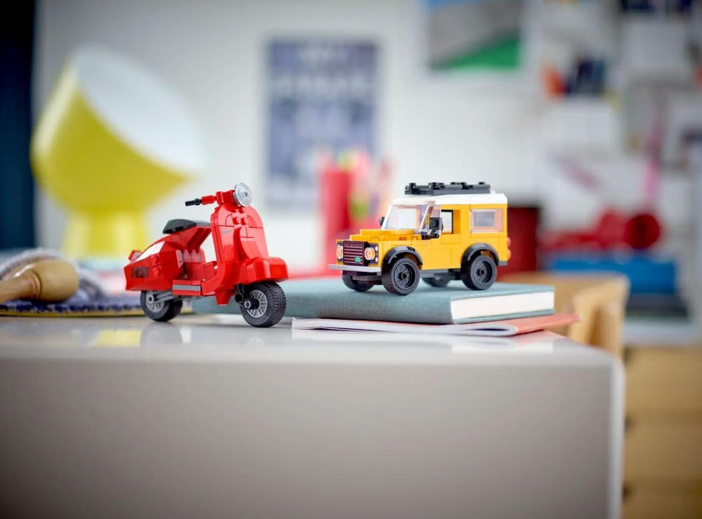 LEGO Defender mini model pairs with larger Land Rover Defender 90 for mixed builds.