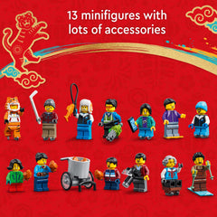 LEGO Lunar New Year Ice Festival 80109 includes 13 minifigures for varied role-play.
