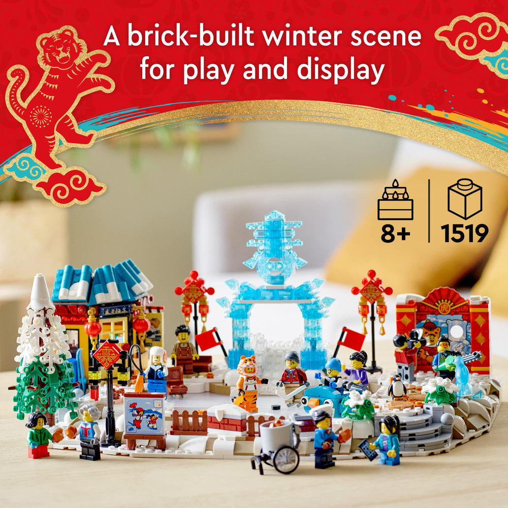 LEGO Lunar New Year Ice Festival 80109 chun ice sculpture highlights intricate brick-built detail.