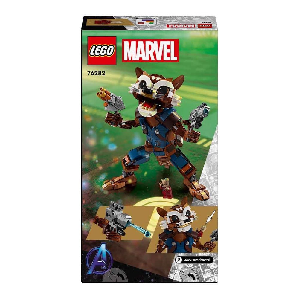 LEGO Marvel Baby Groot perched on Rocket's shoulder adds charm for storytelling.