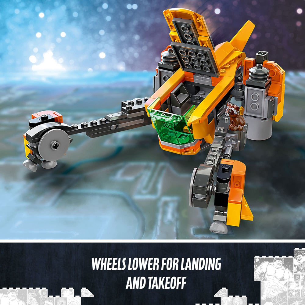 LEGO Marvel Baby Rocket’s Ship Baby Rocket minifigure sparks rescue mission play.