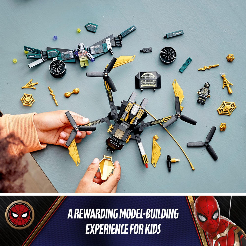 LEGO Marvel Spider-Man Drone Duel Vulture figure during mid-flight hover