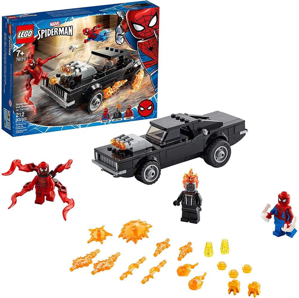 LEGO Marvel Ghost Rider car with removable roof and flames for dramatic storytelling.
