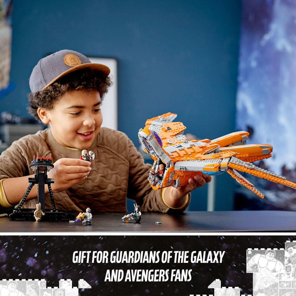 LEGO Guardians ship minifigures include Star-Lord, Groot, Rocket, Mantis, Thor, and a Chitauri warrior.
