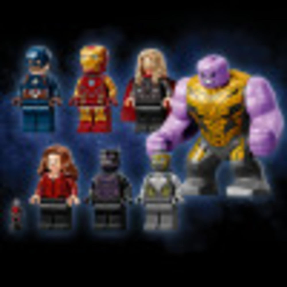 LEGO Marvel minifigures with Thanos and Ant-Man image, dynamic battles possible.