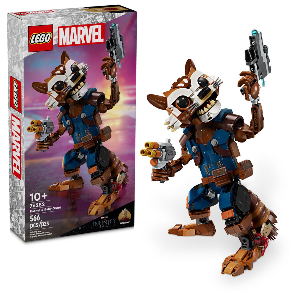 LEGO Marvel Rocket & Baby Groot figure, premium poseable action toy for imaginative play and display