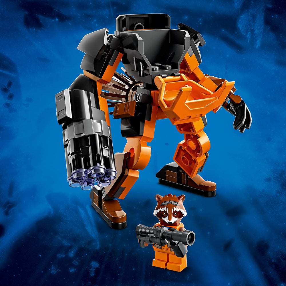 LEGO Marvel Rocket Mech Armor compatible with other Avengers sets for collection
