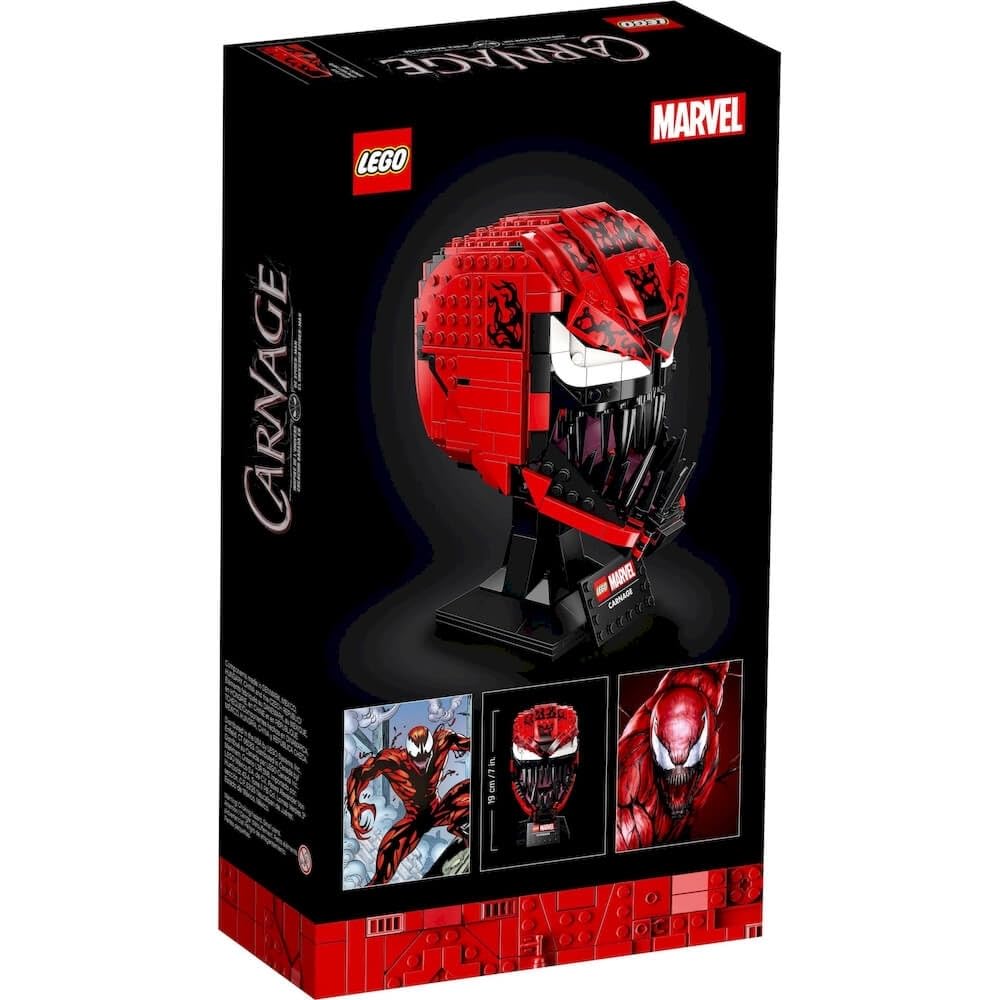 LEGO Marvel Spider-Man Carnage side detail emphasizes menacing silhouette for shelf display
