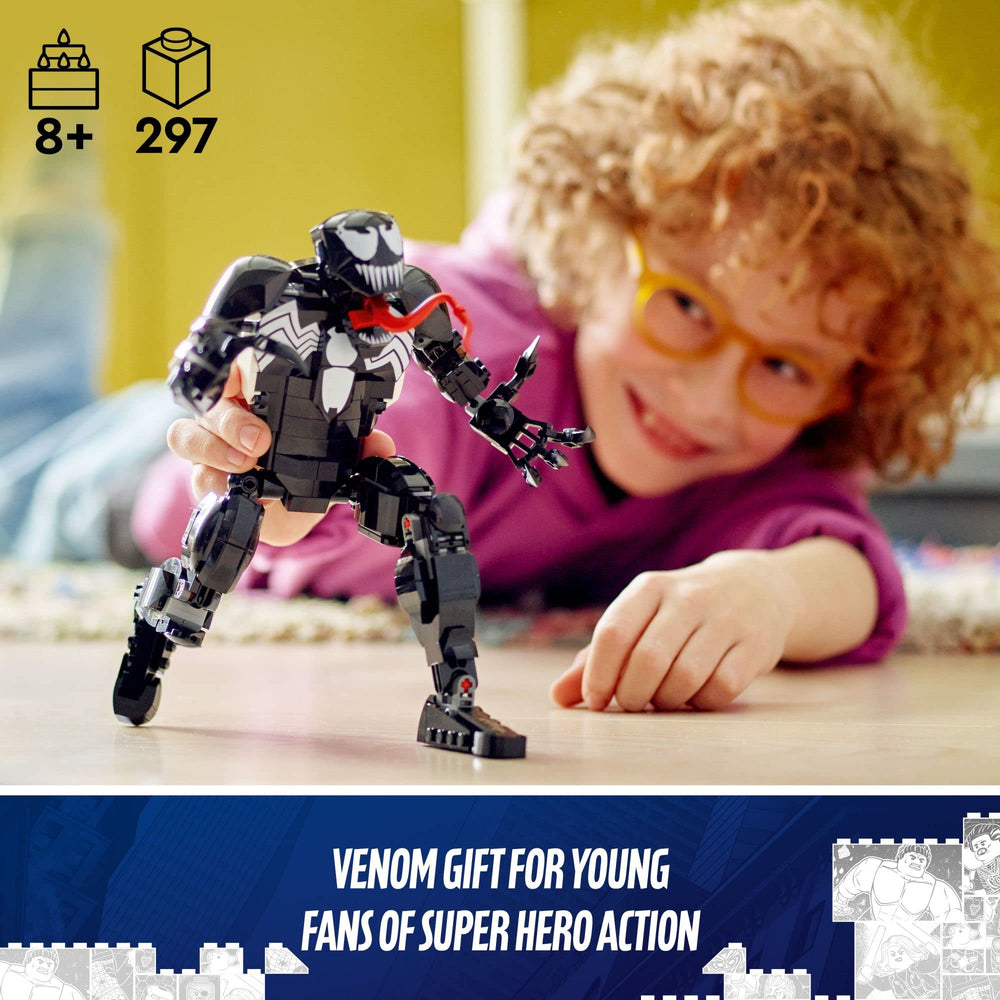 Venom figure alongside the Building Instructions app for immersive building.