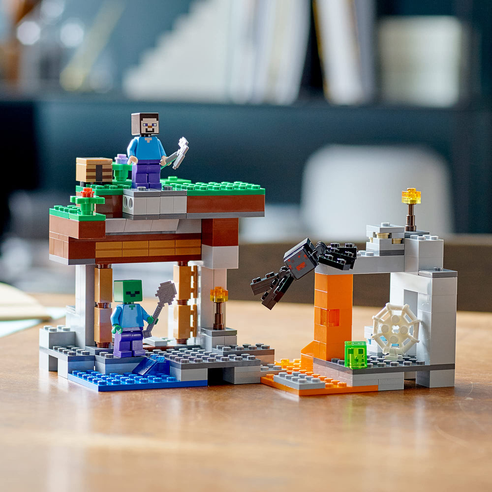 LEGO Minecraft hand-operated device releases rocks for suspenseful builds.