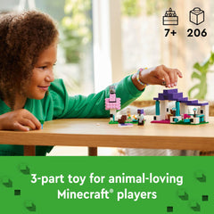 LEGO Minecraft Animal Sanctuary feeding chest shows bone, carrot, and wheat for role-play feeding.
