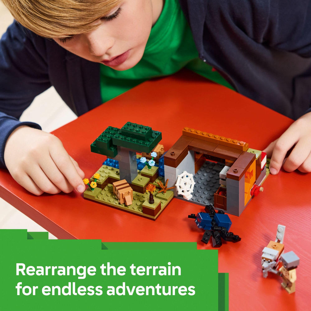 LEGO Minecraft Armadillo Mine Expedition 21269 TNT lever reveals terrain and ore during play.