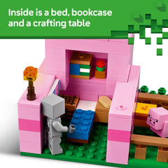 LEGO Minecraft figures include wolf-skin hero, baby pig, bee, adult pig, and zombified piglin for varied pretend scenarios
