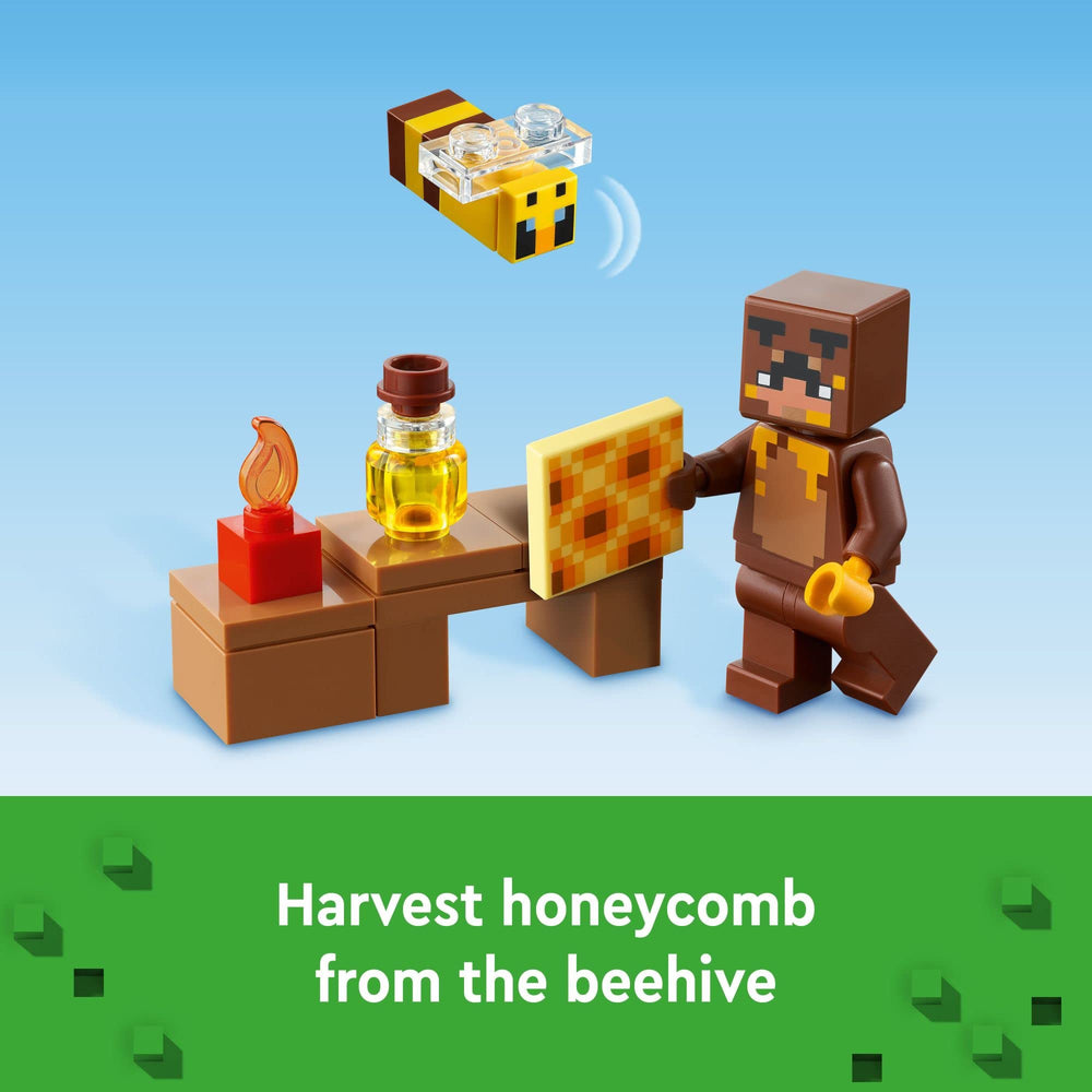 LEGO Minecraft The Bee Cottage highlights bee figures and mobs for action play.