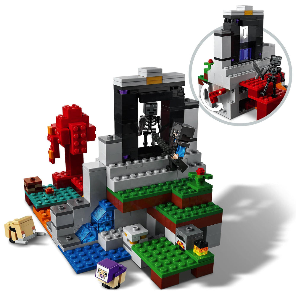LEGO Minecraft Devastated Portal 21172 – baby hoglin figure introduces Nether-friendly creatures.