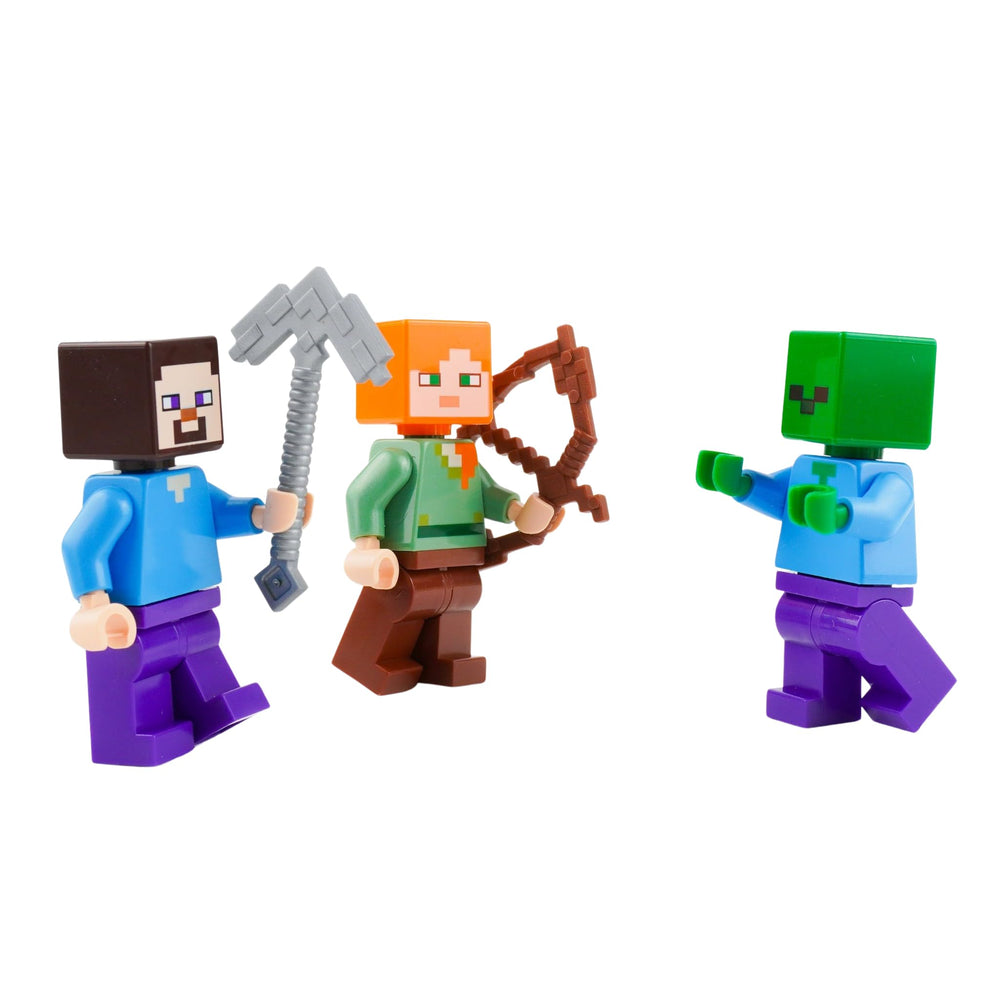 Three-character LEGO Minecraft minifigures for display and play.