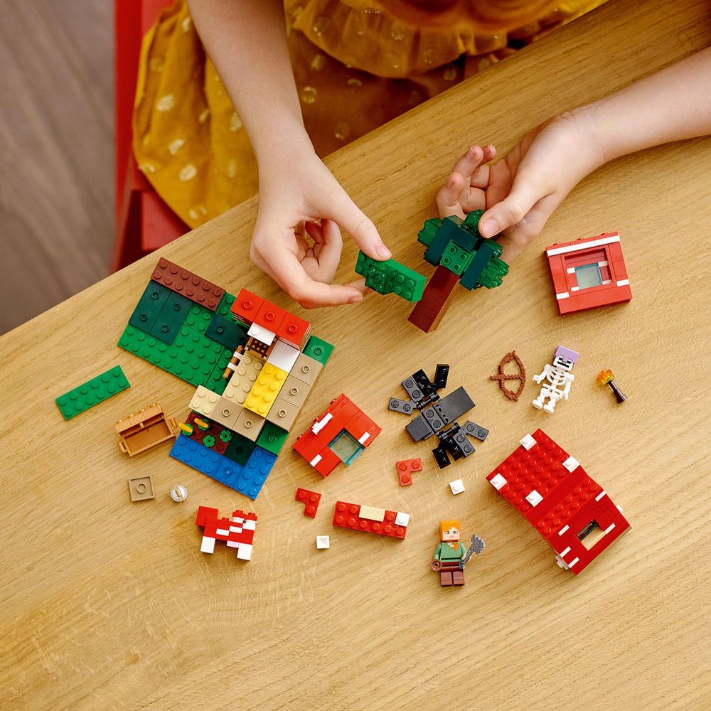 LEGO Minecraft Mooshroom figure offered for milking and farm scene play.