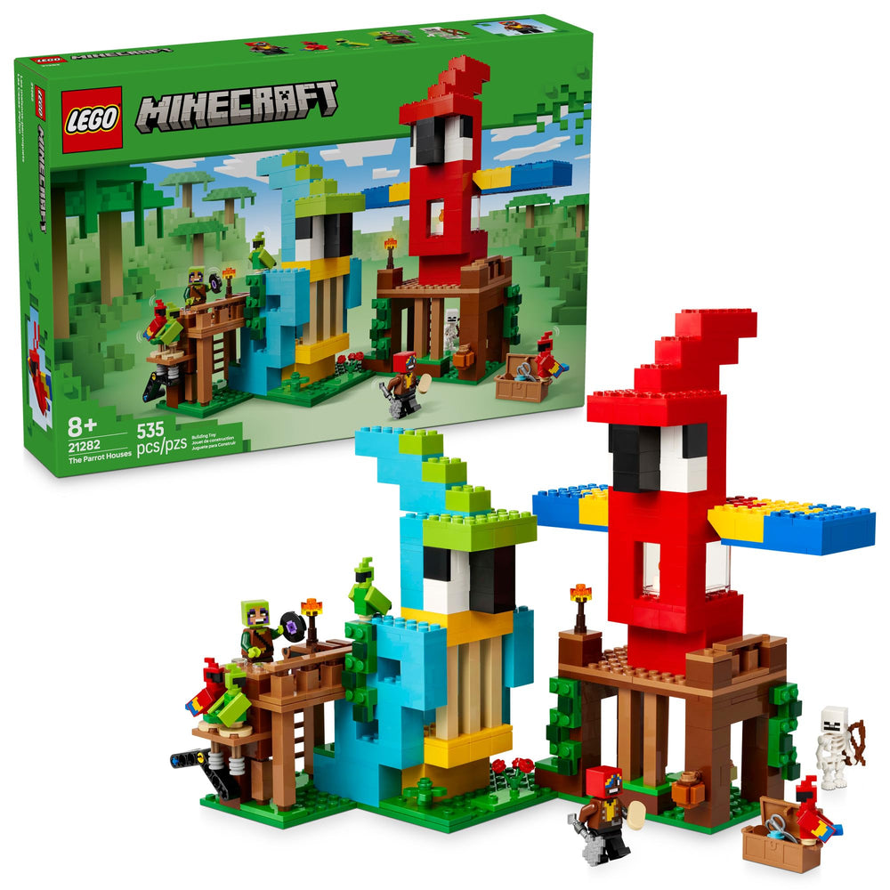 LEGO Minecraft Parrot Houses front view with parrots and jungle colors