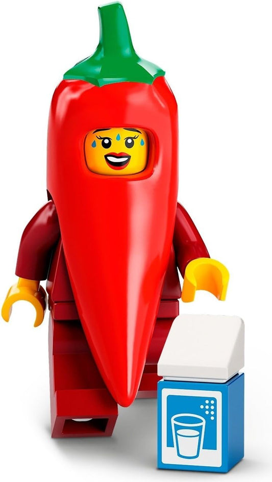 LEGO Minifigure Series 22 Chilli Costume Guy 71032 with a vibrant chili outfit for display