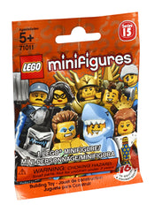 LEGO Minifigures Series 15 random pack bag reveals surprise figure with accessories and display plate.