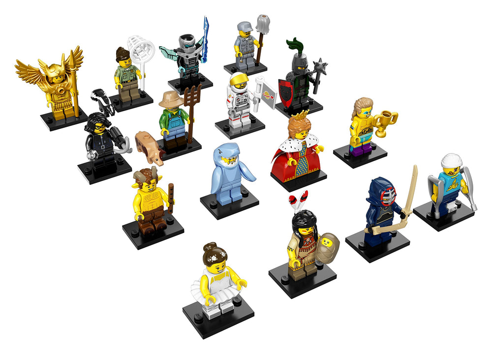 LEGO Minifigures Series 15 display plate accompanies the mystery bag for easy showcasing.
