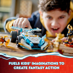 LEGO NINJAGO blue dragon power element adds energy to the car’s action.