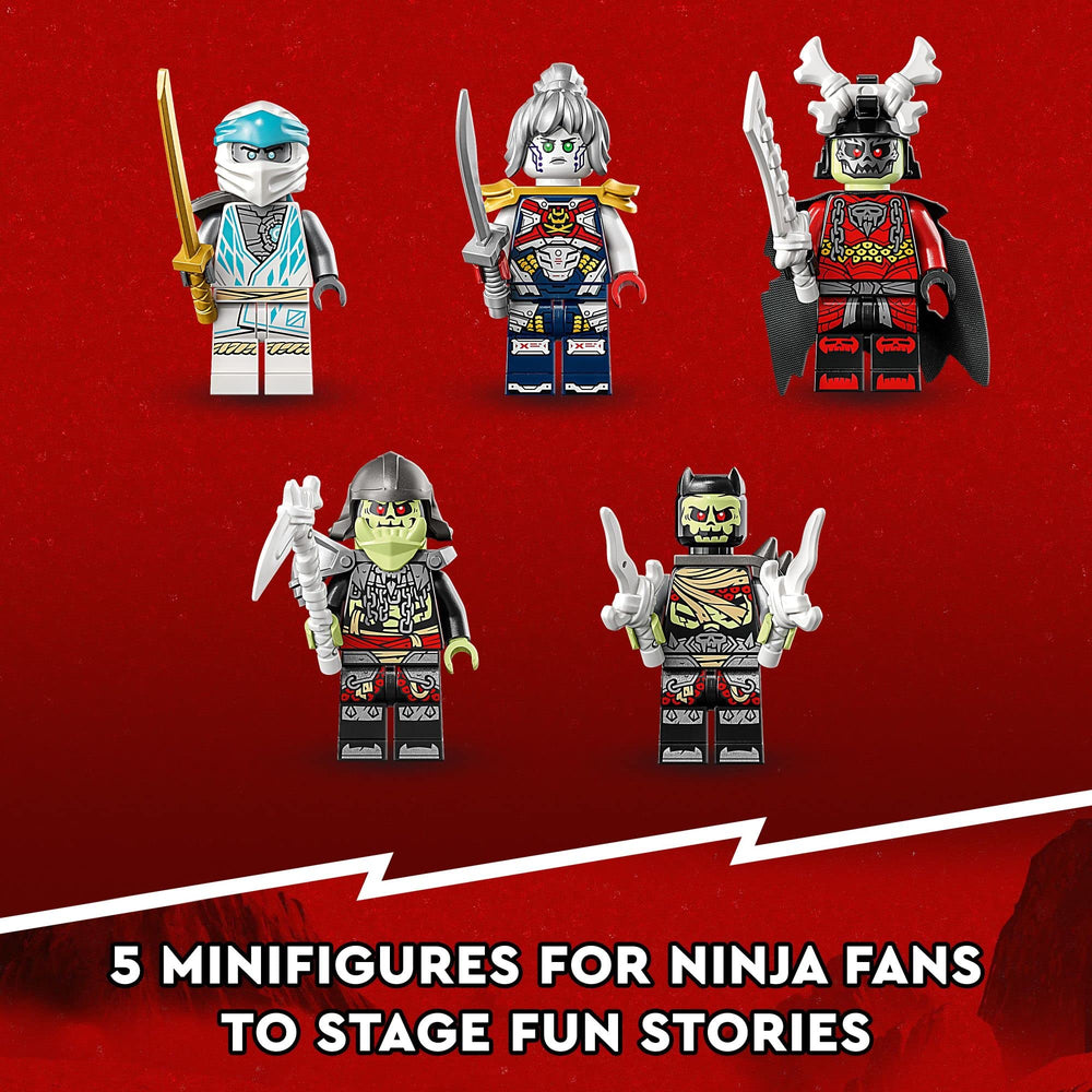 LEGO NINJAGO bone knights and warriors enhance fight scenes.